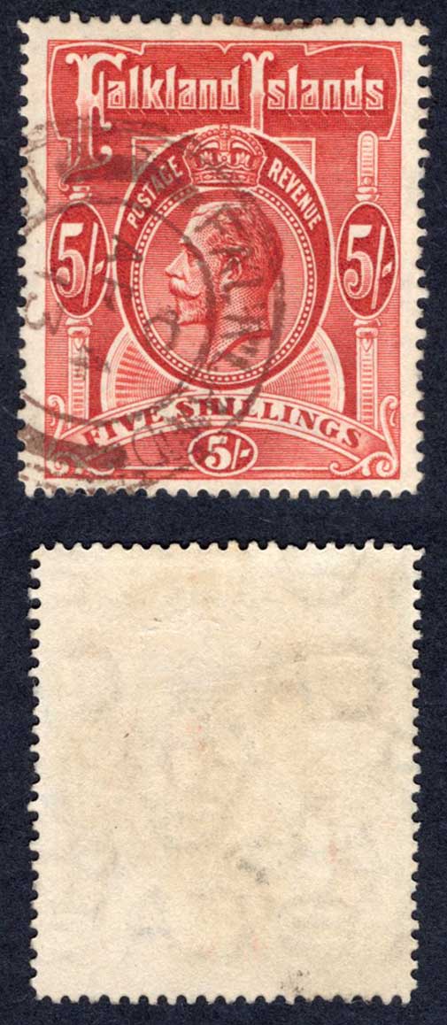 Falkland Is SG67 5/- Wmk Mult CA BROWN Cancel (Heijtz F5v1) Cat 120++ pounds