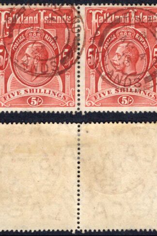 Falkland Is SG67 5/- Wmk Mult CA PAIR BROWN Cancel (Heijtz F5v1) Cat 240+ pounds