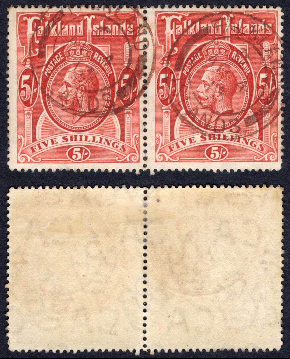 Falkland Is SG67 5/- Wmk Mult CA PAIR BROWN Cancel (Heijtz F5v1) Cat 240+ pounds