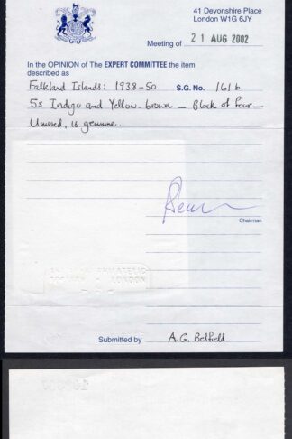 Falkland Is SG161b 1938 5/- indigo and yellow-brown SUPERB U/M RPS Cert Cat 1100