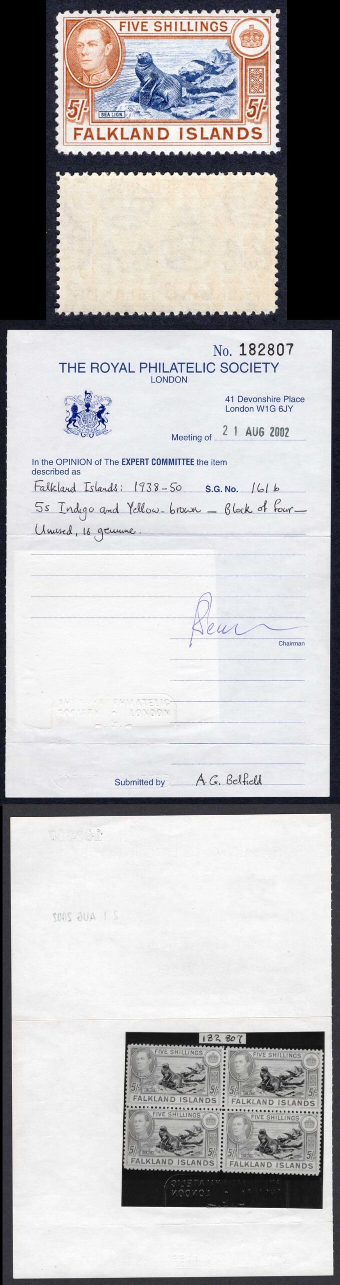 Falkland Is SG161b 1938 5/- indigo and yellow-brown SUPERB U/M RPS Cert Cat 1100