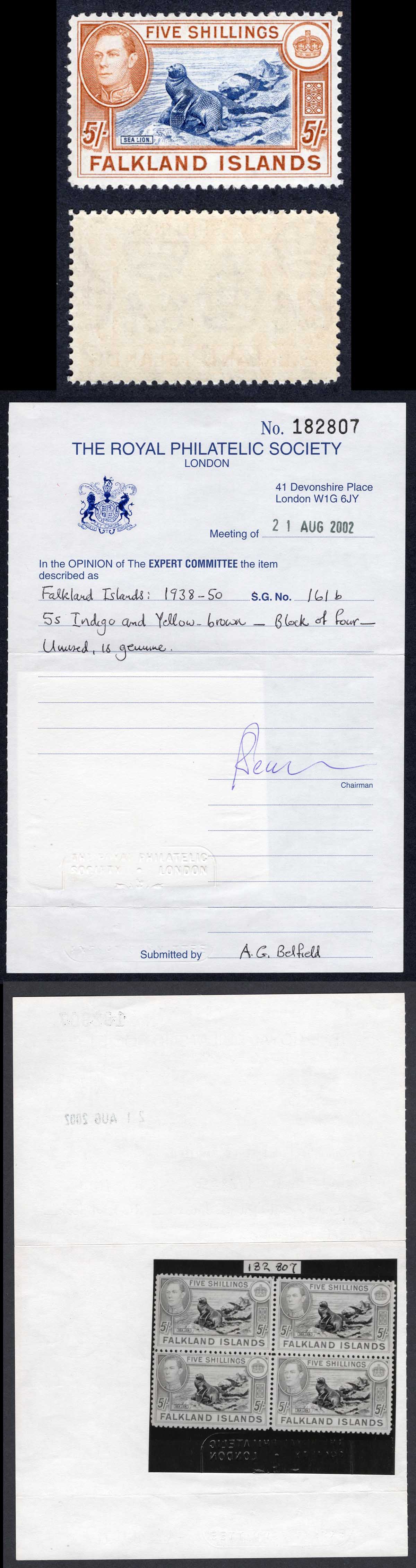 Falkland Is SG161b 1938 5/- indigo and yellow-brown SUPERB U/M RPS Cert Cat 1100