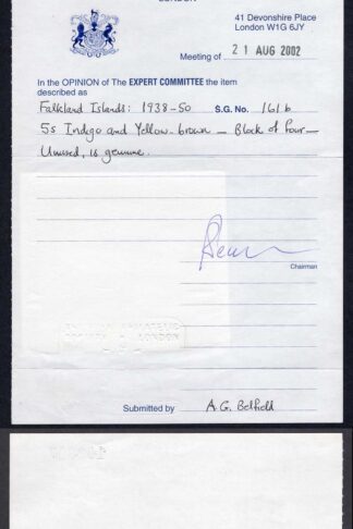 Falkland Is SG161b 1938 5/- indigo and yellow-brown SUPERB U/M RPS Cert Cat 1100