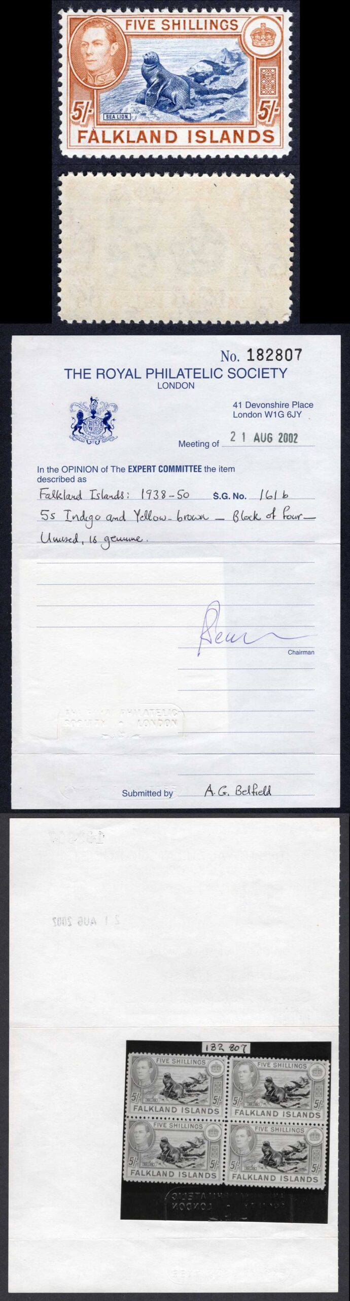 Falkland Is SG161b 1938 5/- indigo and yellow-brown SUPERB U/M RPS Cert Cat 1100