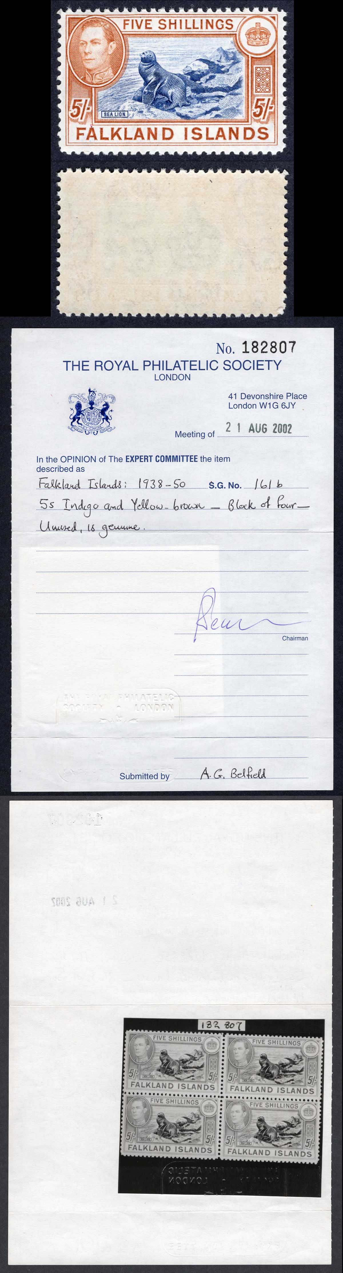 Falkland Is SG161b 1938 5/- indigo and yellow-brown SUPERB U/M RPS Cert Cat 1100