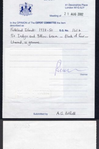 Falkland Is SG161b 1938 5/- indigo and yellow-brown SUPERB U/M RPS Cert Cat 1100