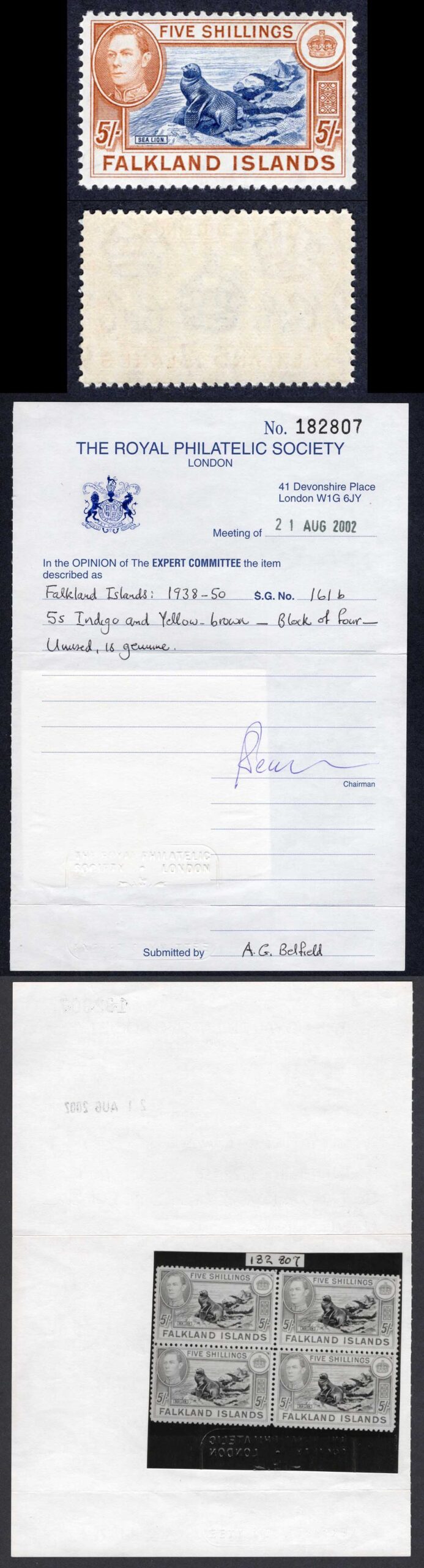 Falkland Is SG161b 1938 5/- indigo and yellow-brown SUPERB U/M RPS Cert Cat 1100