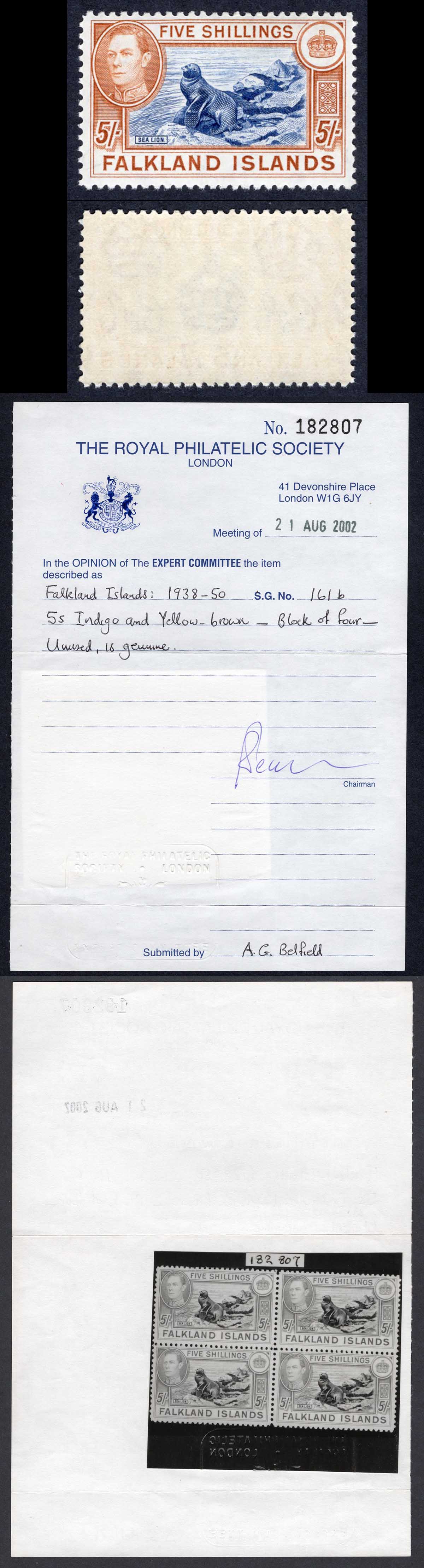 Falkland Is SG161b 1938 5/- indigo and yellow-brown SUPERB U/M RPS Cert Cat 1100