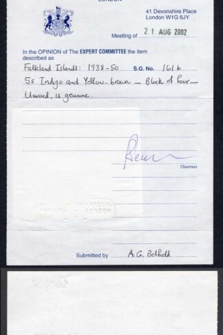 Falkland Is SG161b 1938 5/- indigo and yellow-brown SUPERB U/M RPS Cert Cat 1100