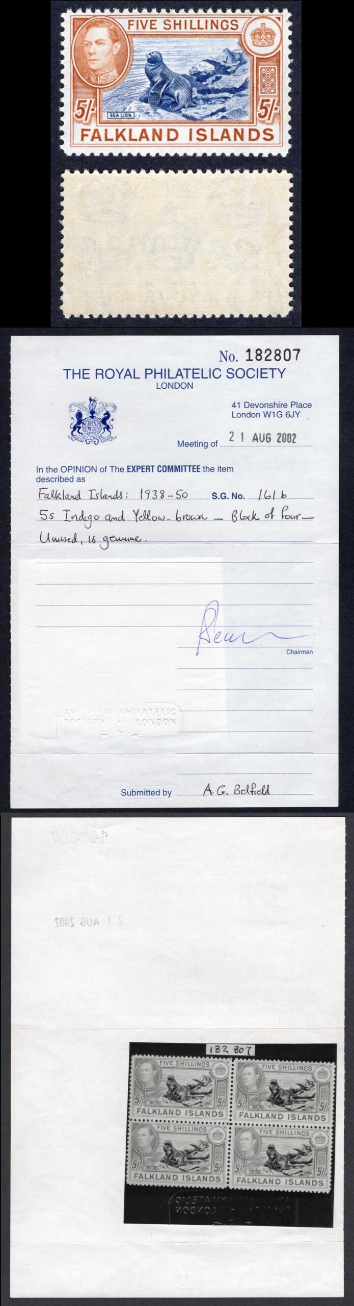 Falkland Is SG161b 1938 5/- indigo and yellow-brown SUPERB U/M RPS Cert Cat 1100