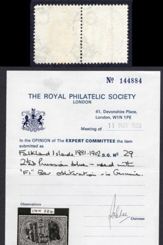 Falkland Is SG29 2 1/2d Prussian Blue PAIR F1 Pmk RPS Cert Cat 260+++ pounds