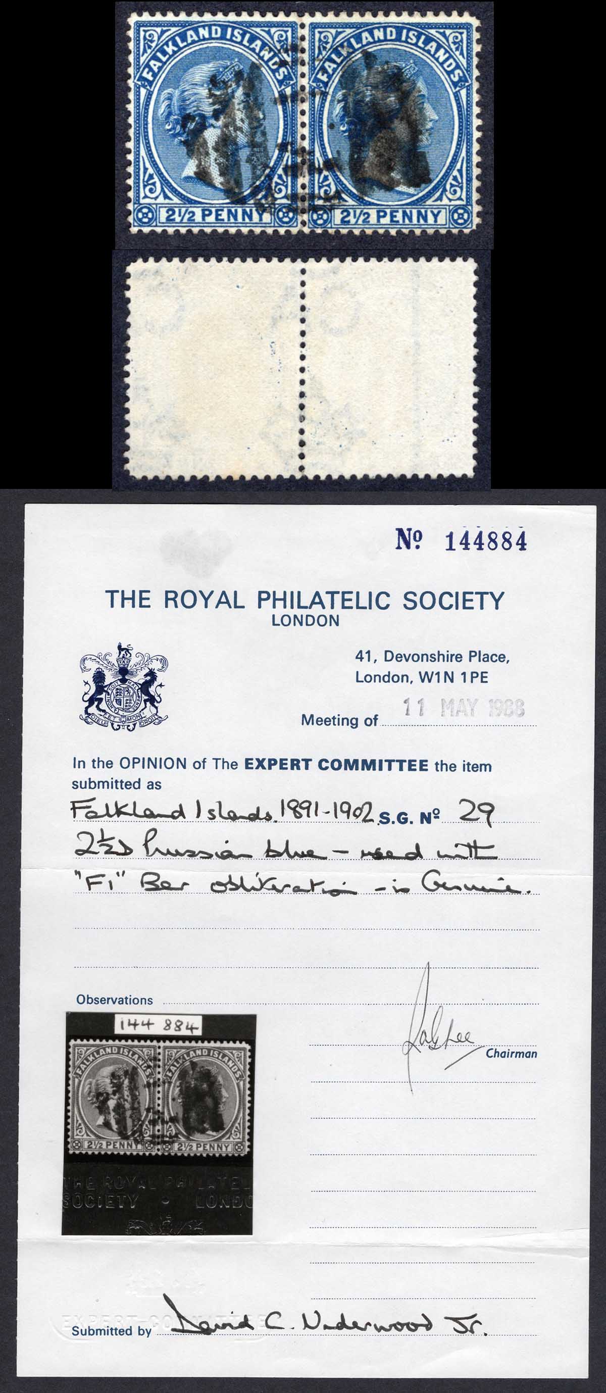 Falkland Is SG29 2 1/2d Prussian Blue PAIR F1 Pmk RPS Cert Cat 260+++ pounds