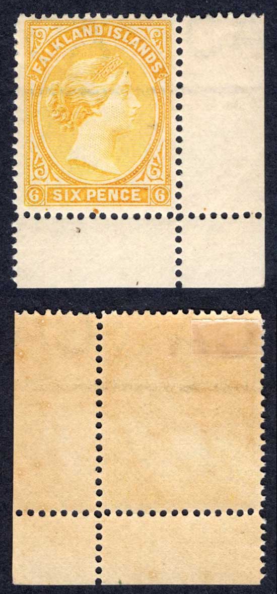 Falkland Is SG34 6d Yellow Corner example M/M Cat 90 pounds
