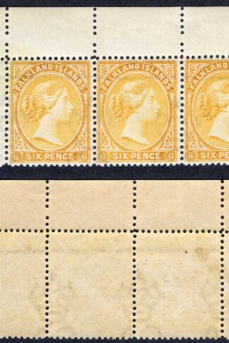 Falkland Is SG34 6d Yellow Corner STRIP 2 x U/M Cat 270 pounds