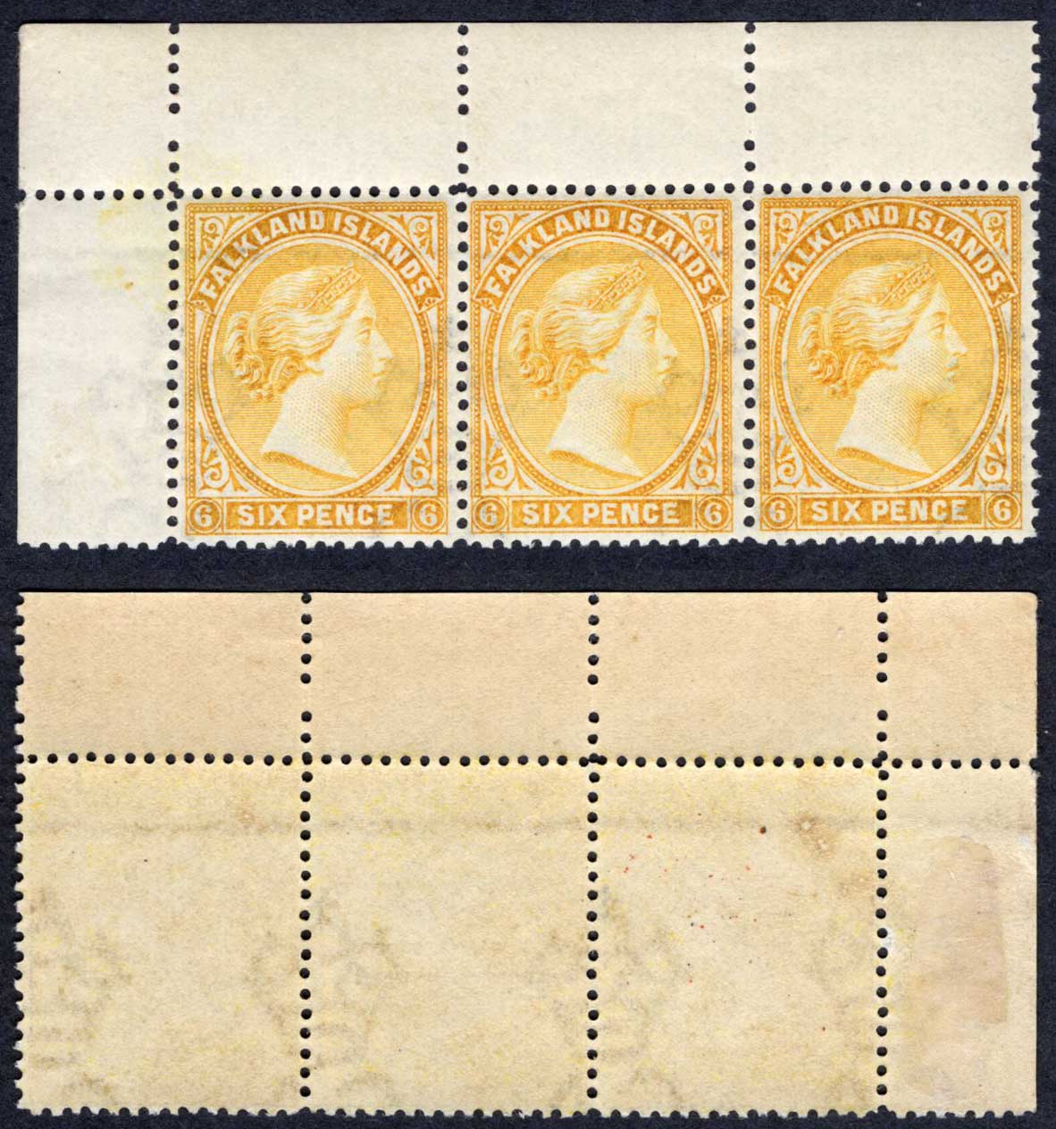Falkland Is SG34 6d Yellow Corner STRIP 2 x U/M Cat 270 pounds