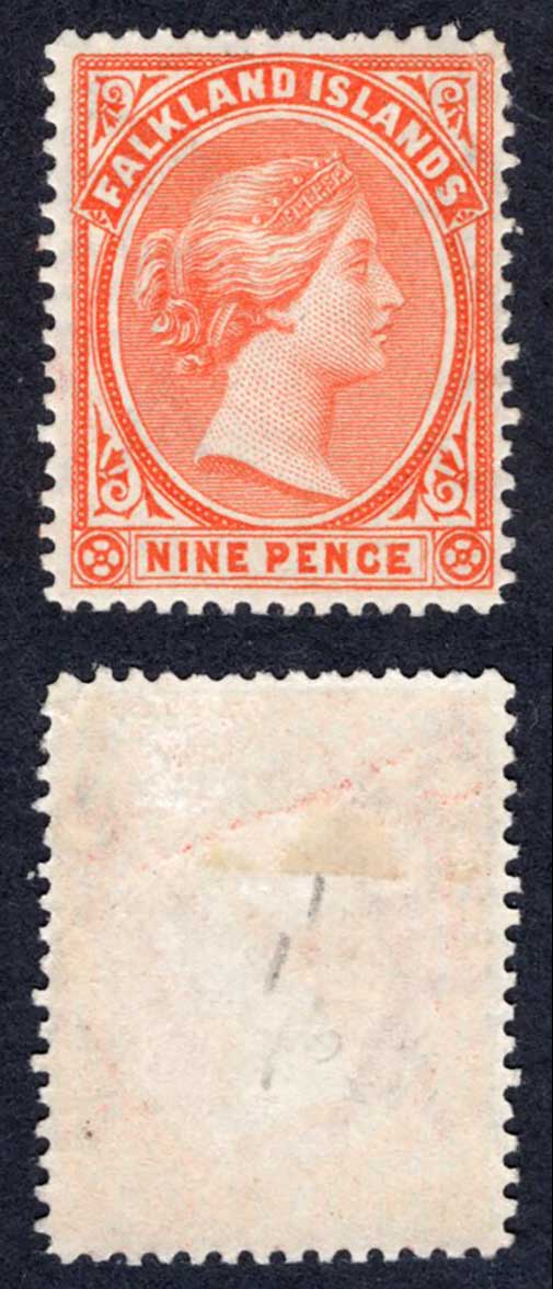Falkland Is SG35 9d Pale reddish Orange M/M Cat 65 pounds