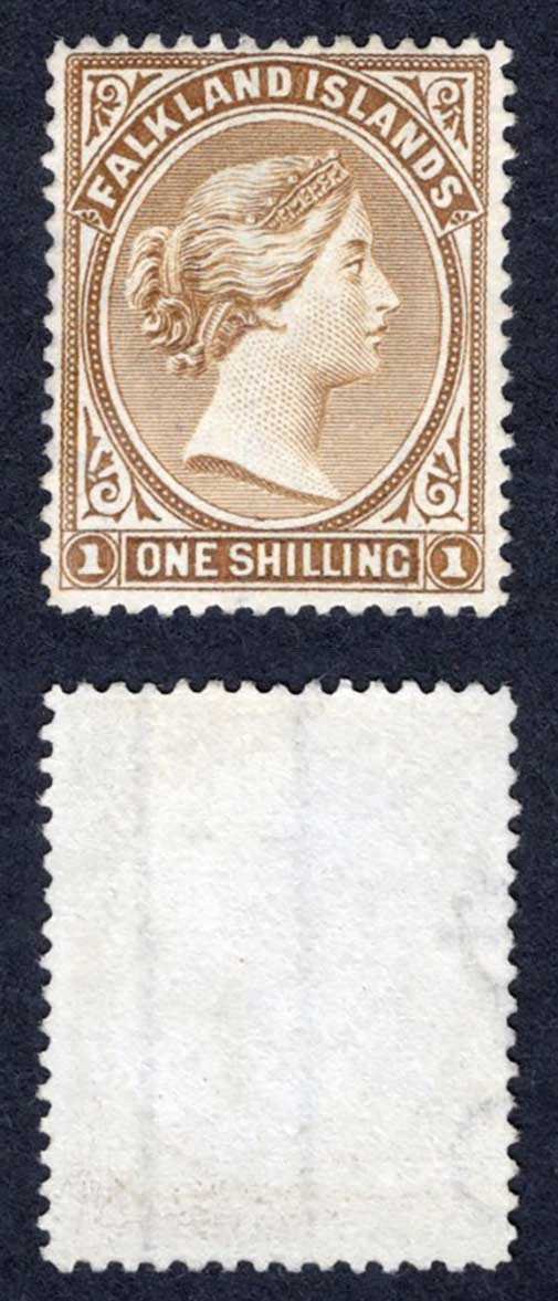 Falkland Is SG38x 1/- Yellow-brown Wmk REVERSED Mint no gum Cat 250 pounds