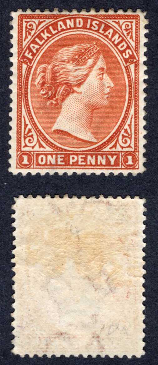 Falkland Is SG20 1d Orange-brown Wmk Reversed M/M Cat 65 pounds
