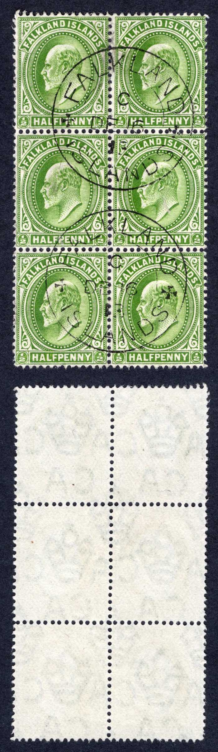 Falkland Is SG43c 1/2d Deep yellow-green CDS Block of 6