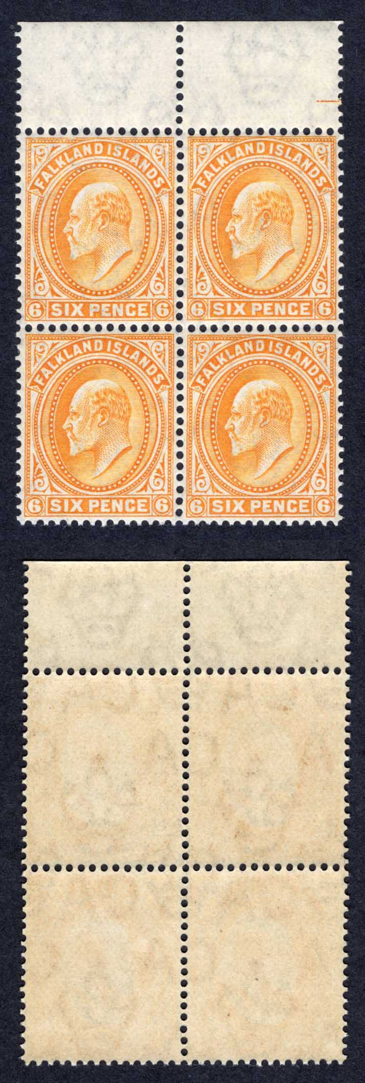 Falkland Is SG47 6d Orange Marginal Block of Four (3 x U/M) Cat 180++ pounds