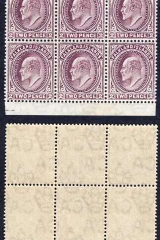 Falkland Is SG45 2d Purple U/M Block of SIX Cat 150+++ pounds