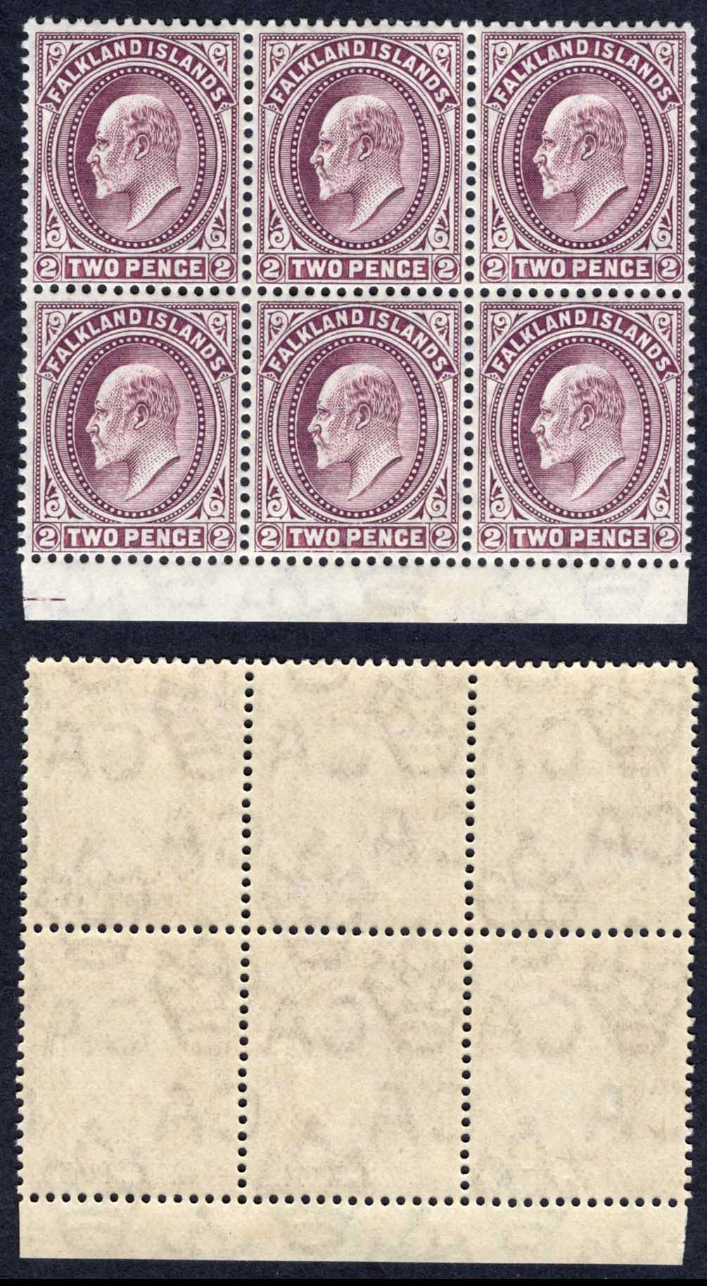 Falkland Is SG45 2d Purple U/M Block of SIX Cat 150+++ pounds