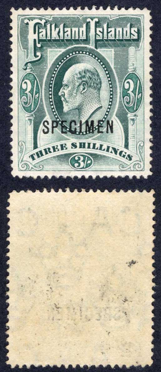 Falkland Is SG49s KEVII 3/- Green opt SPECIMEN M/M