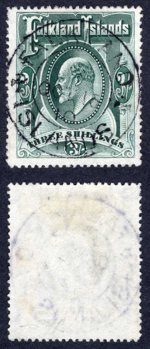 Falkland Is SG49a 3/- Deep Green used with full 1910 CDS Cat 160 pounds