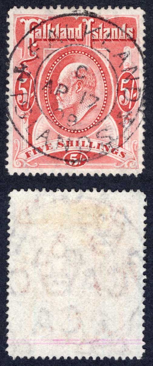 Falkland Is SG50 5/- Red used with full 1909 CDS Cat 180 pounds