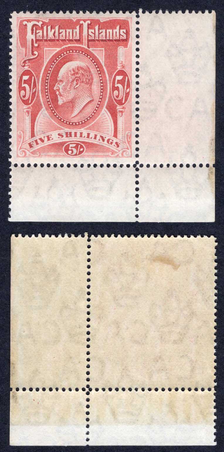 Falkland Is SG50 5/- Red Corner Marginal example M/M Cat 225 pounds