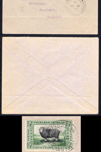 Falkland Is SG127 1/2d Centenary x 2 on Davies Cover from Fox Bay