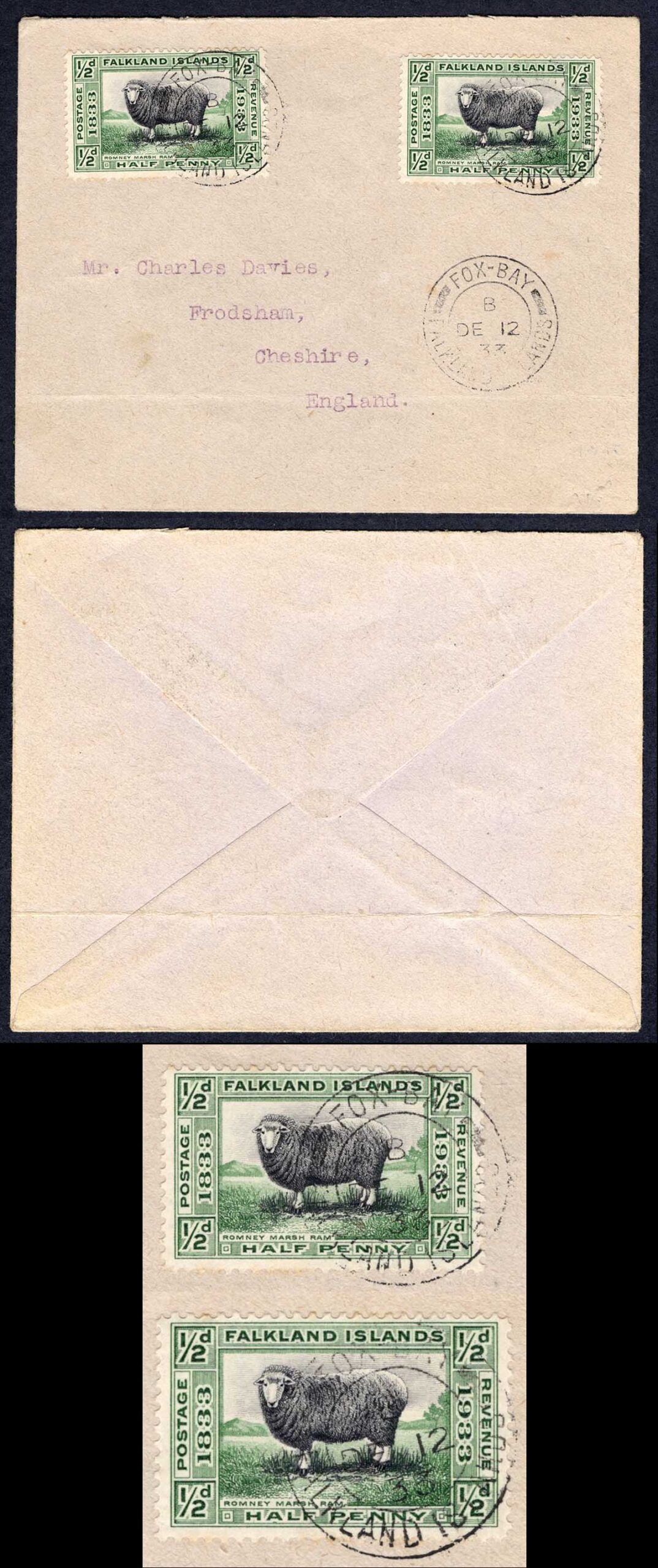 Falkland Is SG127 1/2d Centenary x 2 on Davies Cover from Fox Bay