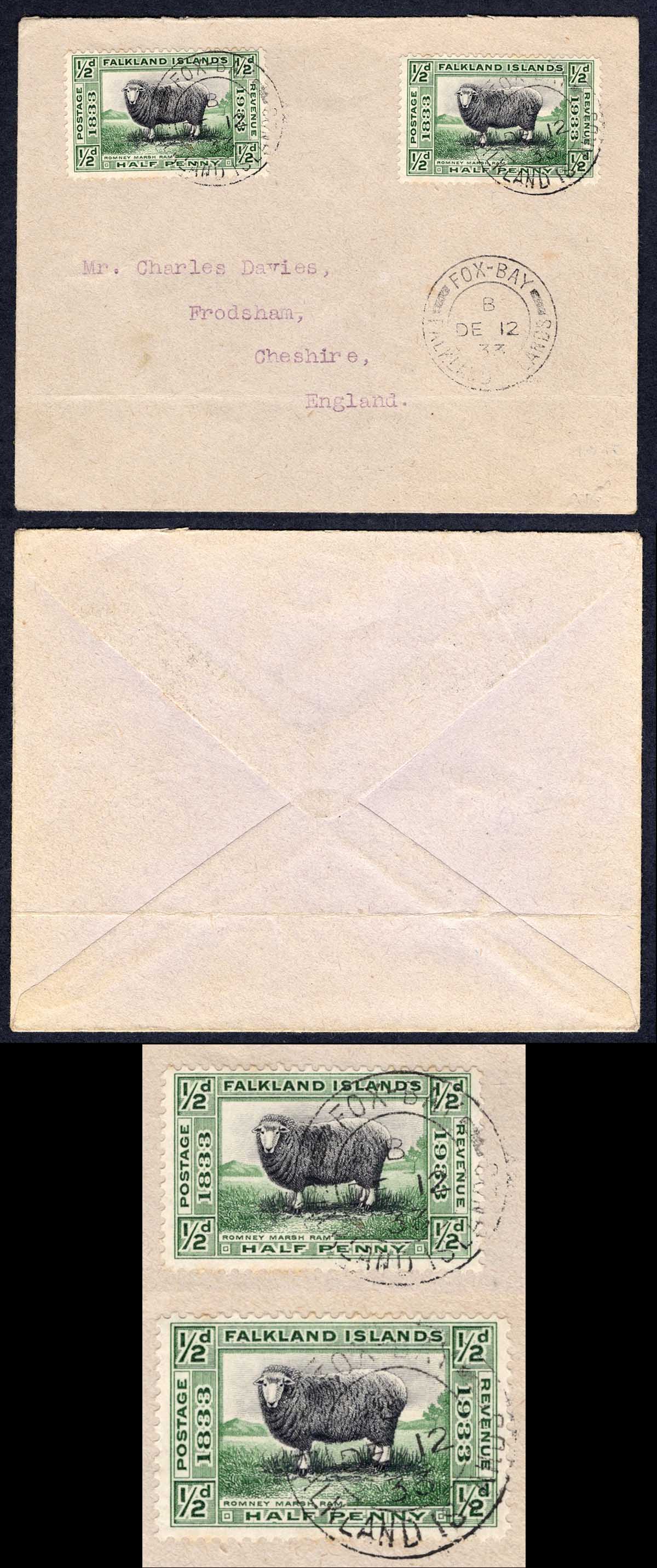 Falkland Is SG127 1/2d Centenary x 2 on Davies Cover from Fox Bay
