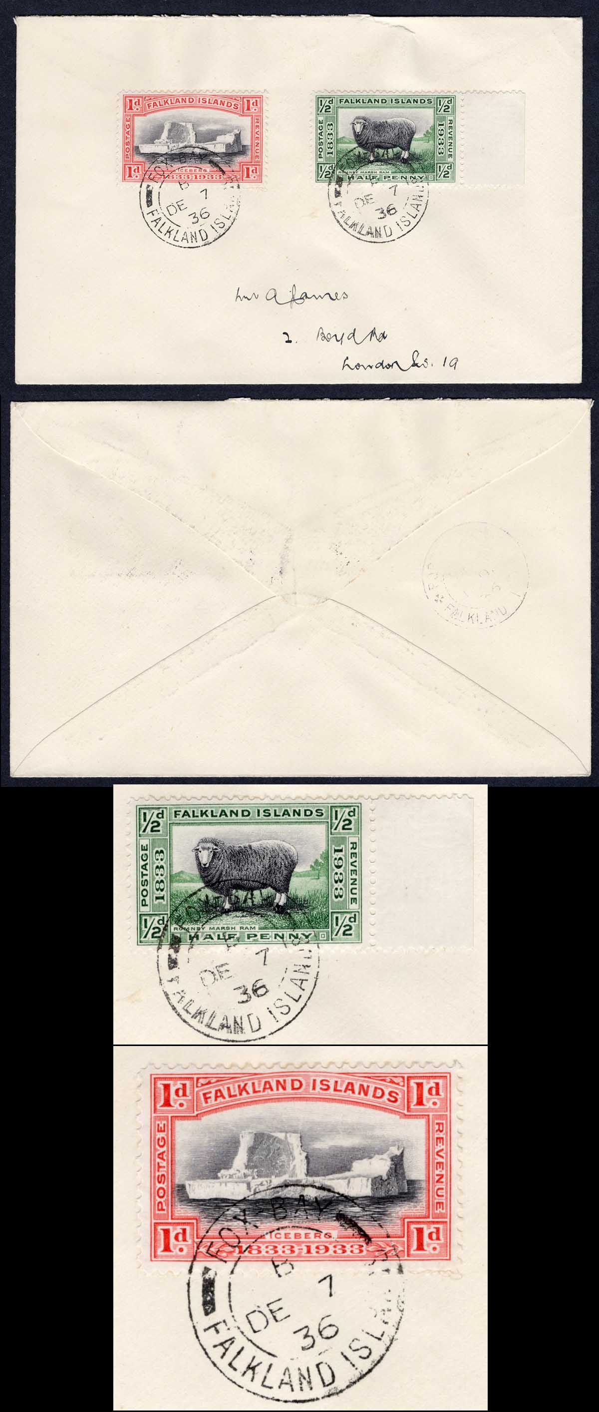 Falkland Is SG127/8 1/2d and 1d Centenary on Cover from Fox Bay