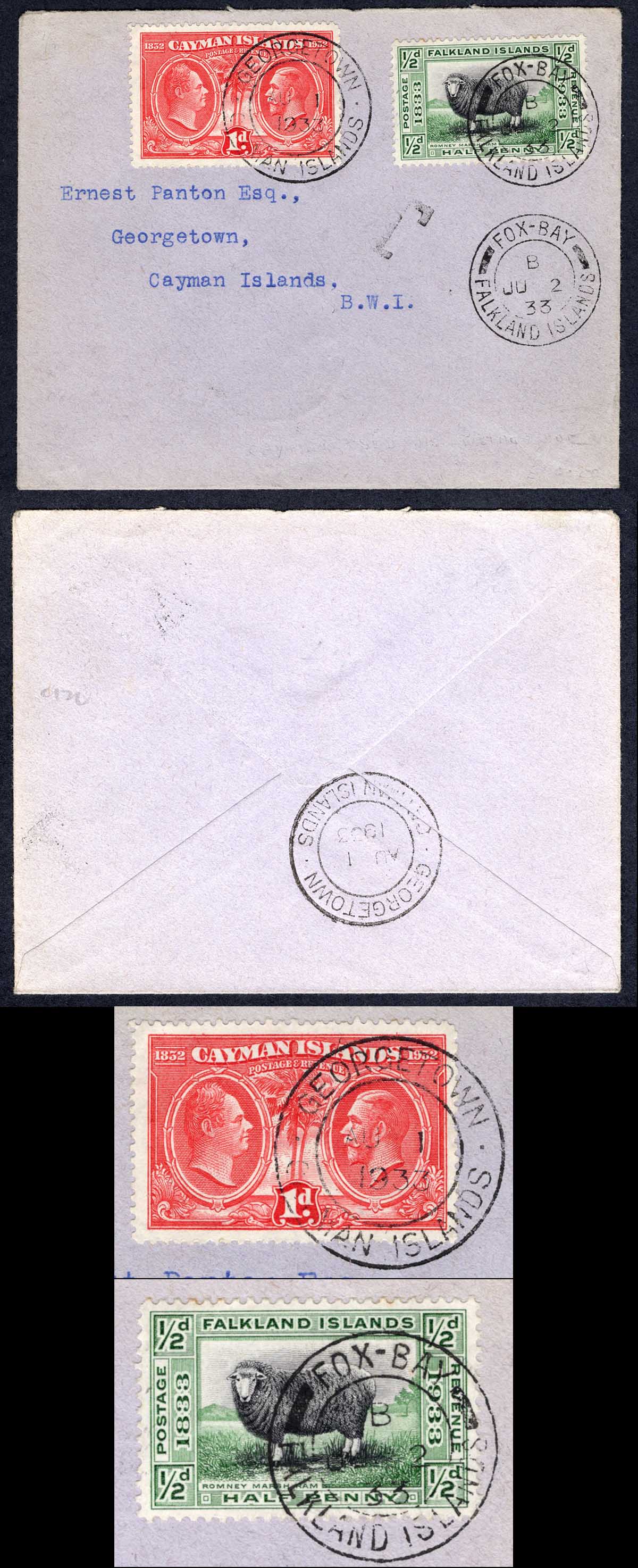 Falkland Is SG127 1/2d Centenary Post Due paid by 1d Cayman Is on Fox Bay Cover