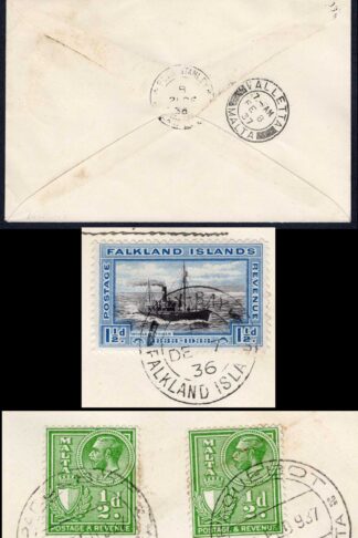 Falkland Is SG129 1 1/2d Centenary plus Malta 1/2d x 3 on a Cover from Fox Bay