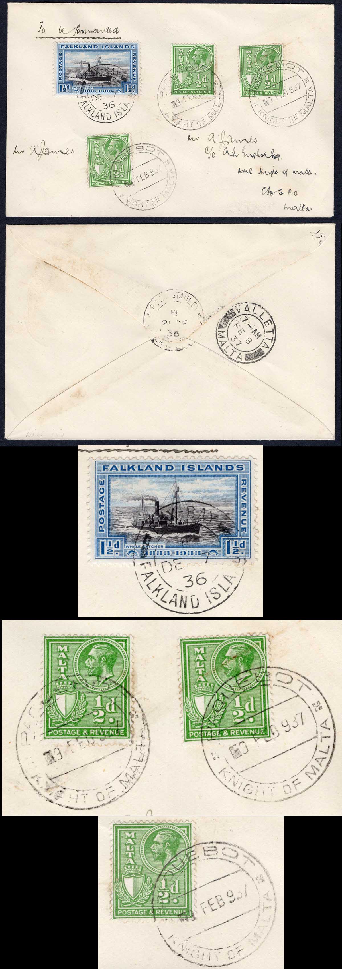 Falkland Is SG129 1 1/2d Centenary plus Malta 1/2d x 3 on a Cover from Fox Bay