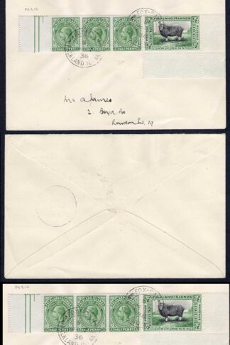 Falkland Is SG127 1/2d Centenary Plus KGV 1/2d Strip on Cover from Fox Bay
