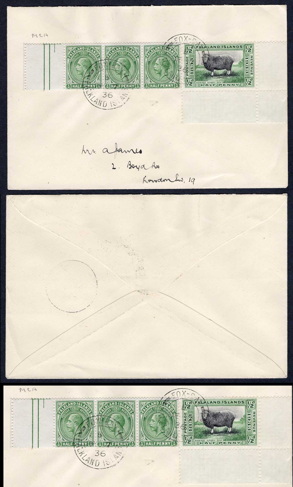 Falkland Is SG127 1/2d Centenary Plus KGV 1/2d Strip on Cover from Fox Bay