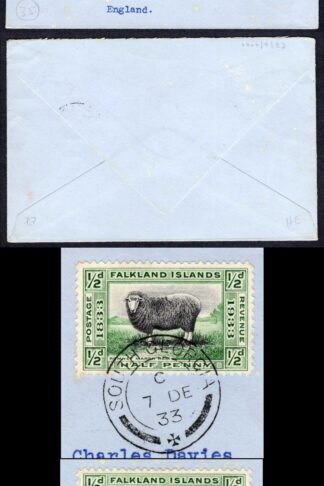Falkland Is SG127 1/2d Centenary x 2 on Davies Cover from South Georgia