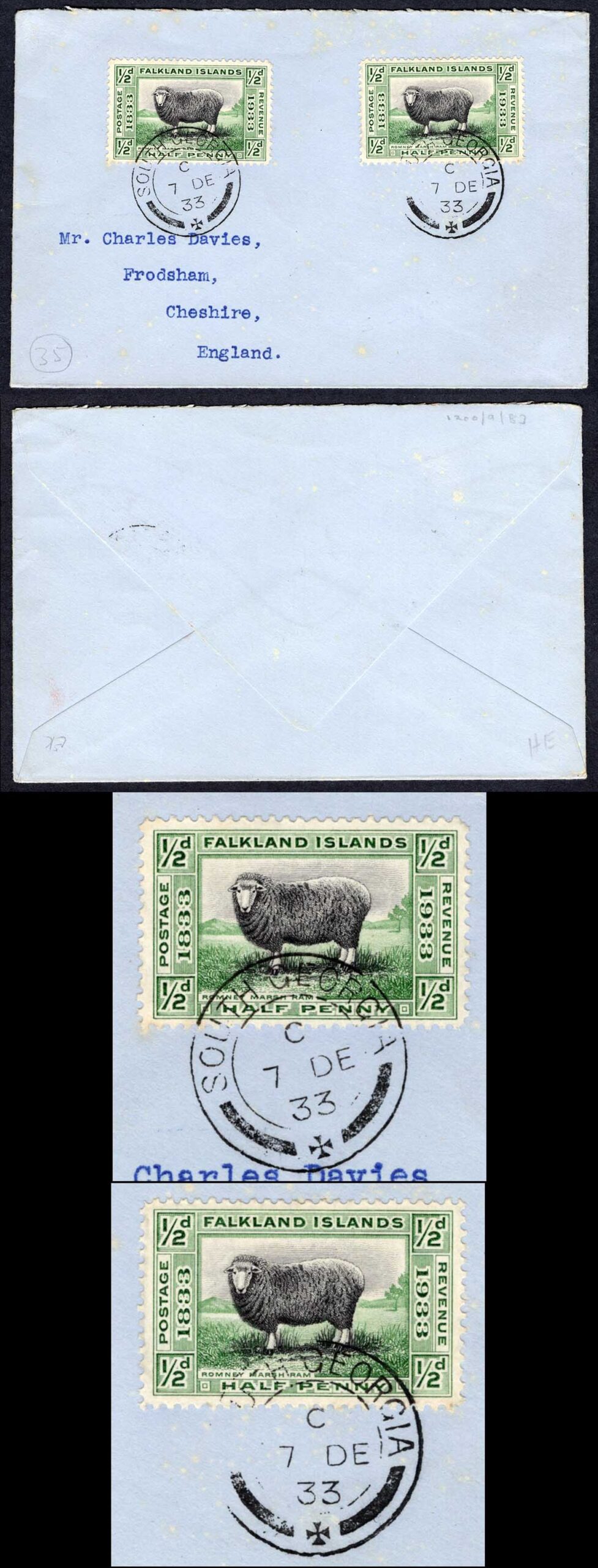 Falkland Is SG127 1/2d Centenary x 2 on Davies Cover from South Georgia