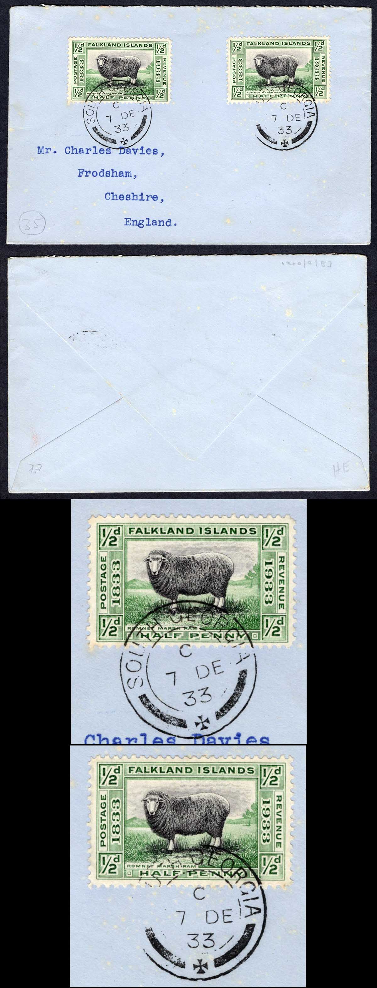 Falkland Is SG127 1/2d Centenary x 2 on Davies Cover from South Georgia