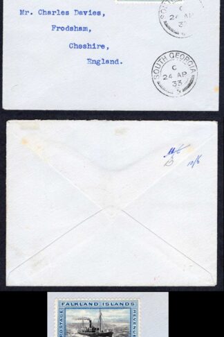 Falkland Is SG129 1 1/2d Centenary on Davies Cover from South Georgia