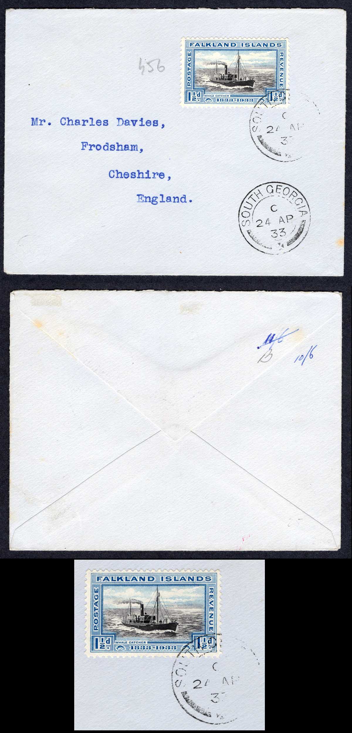 Falkland Is SG129 1 1/2d Centenary on Davies Cover from South Georgia