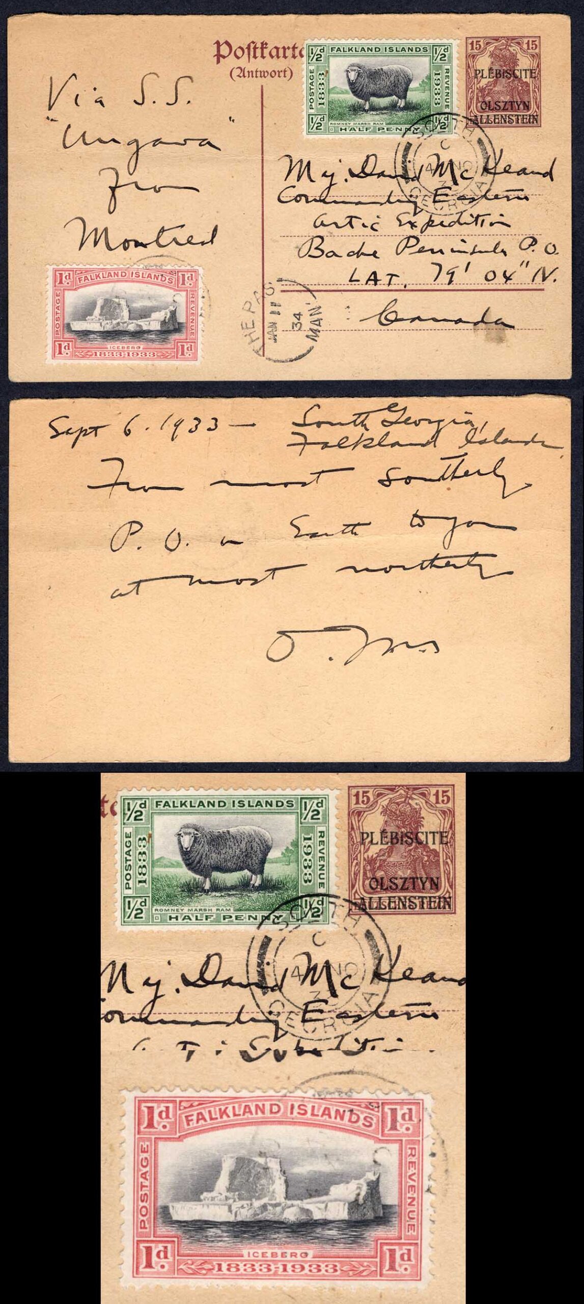 Falkland Is SG127/8 1/2d and 1d on Allenstein Plebiscitecard from South Georgia
