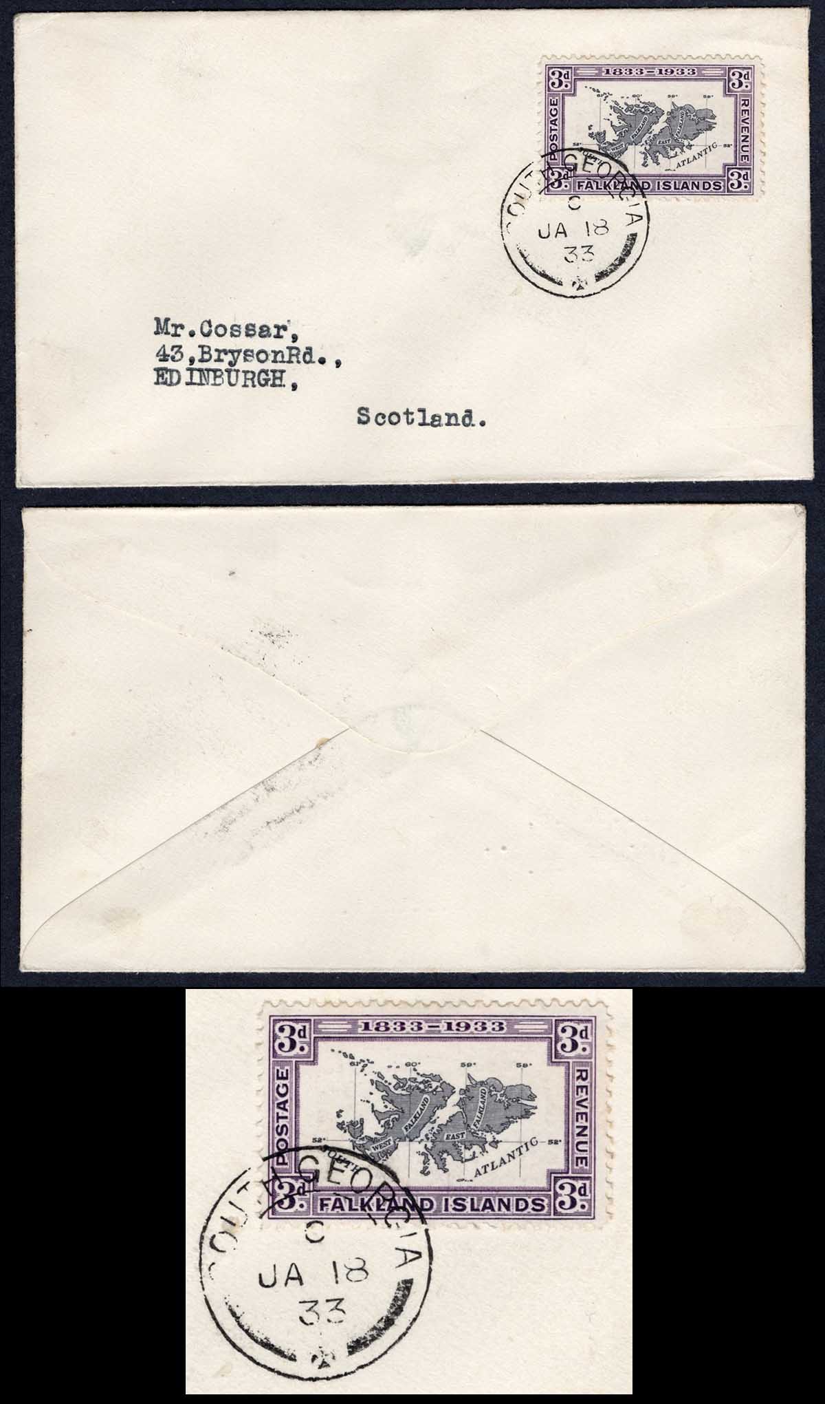 Falkland Is SG131 3d Centenary on a Cossar Cover from South Georgia