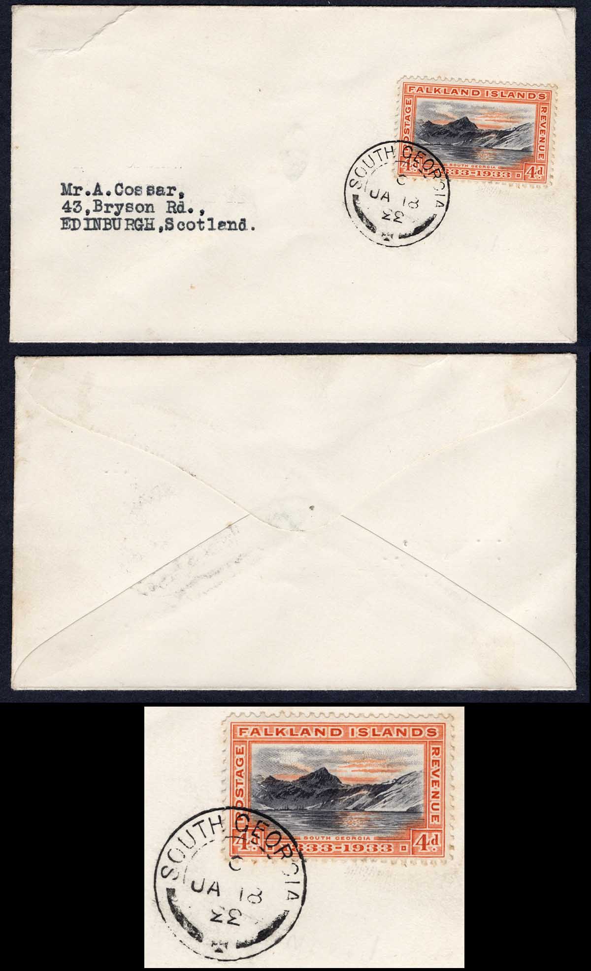 Falkland Is SG132 4d Centenary on a Cossar Cover from South Georgia