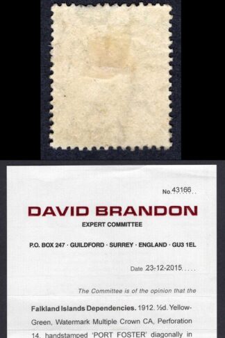 Falkland Is SGZ106 KGV 1/2d H/stamped PORT FOSTER uncancelled with Cert Cat 1800