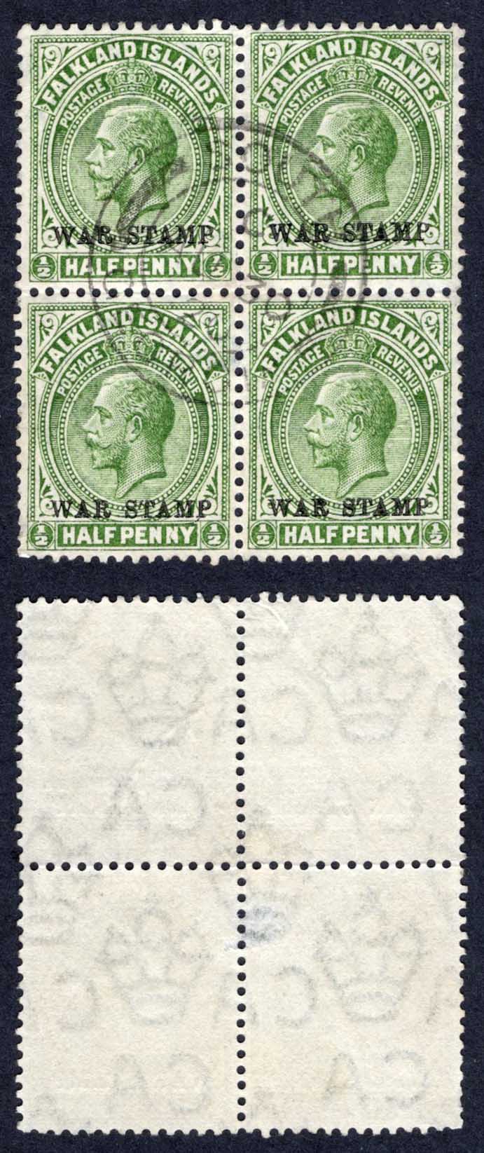 Falkland Is SGZ32 1/2d War Stamp Block South Georgia CDS Cat 140 pounds (THIN)