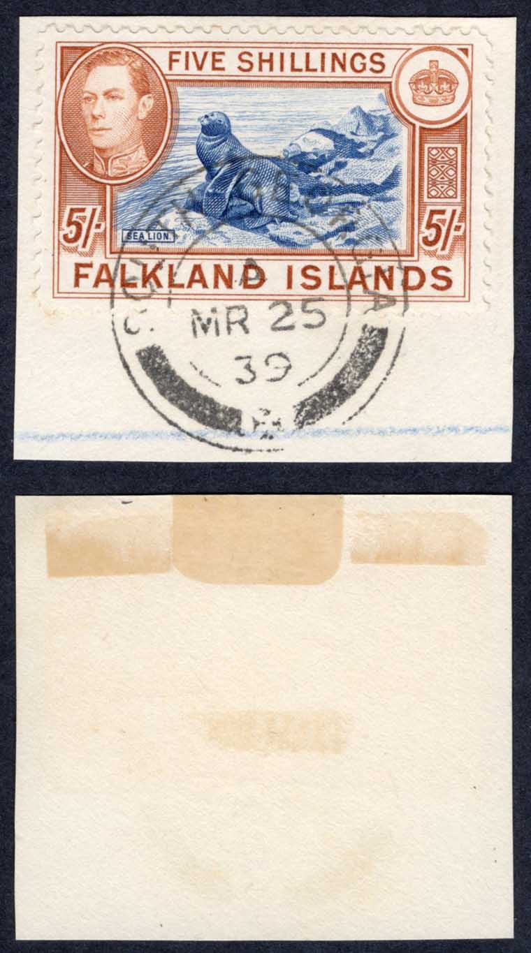 Falkland Is SGZ86 5/- Blue and Chestnut with South Georgia CDS Cat 250 pounds